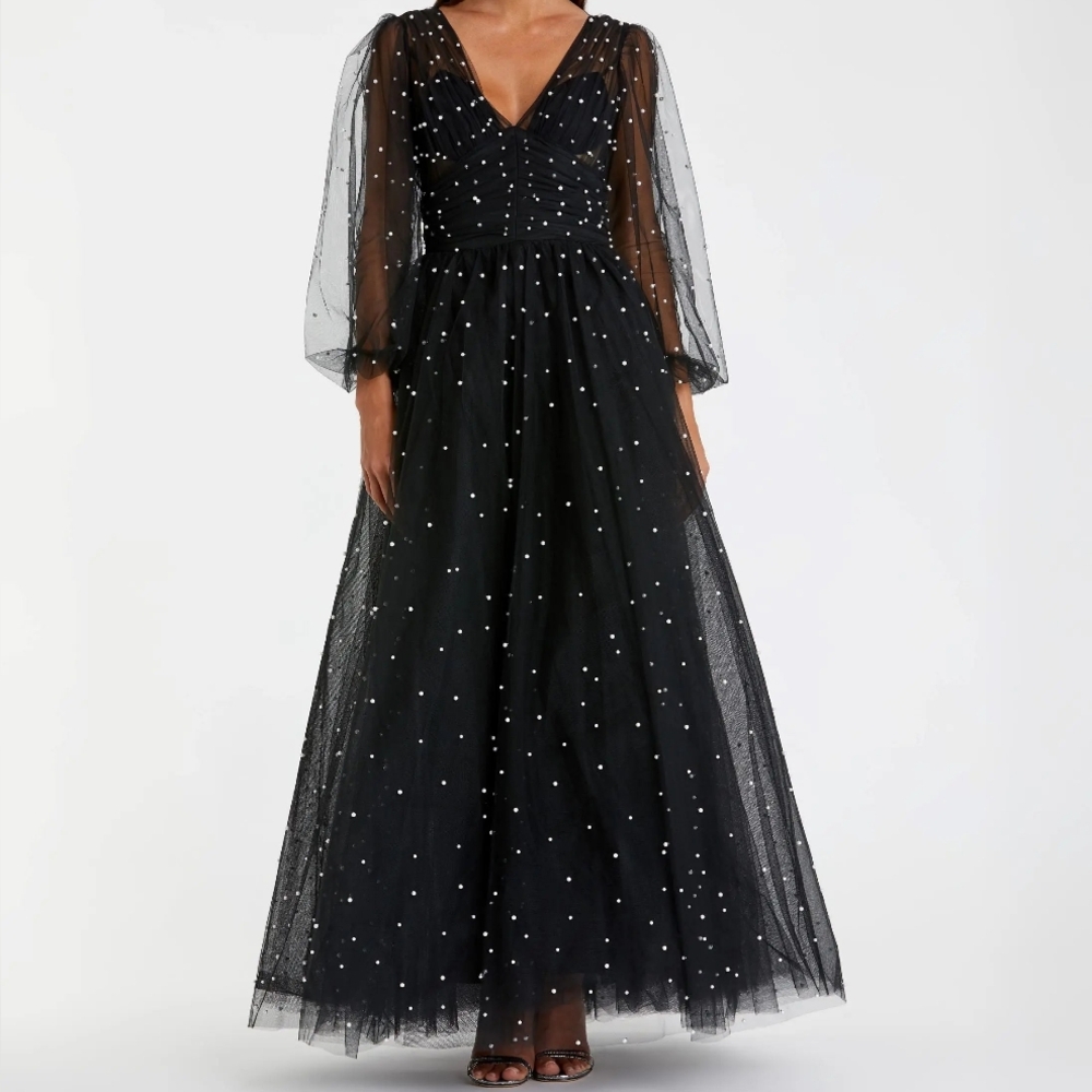 NWT Mac Duggal Black Long Sleeve Gown with Embellishments